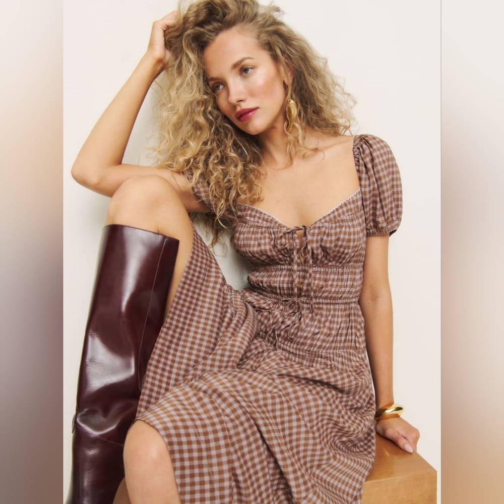 Reformation Brown Gingham Puff-Sleeve Midi Dress